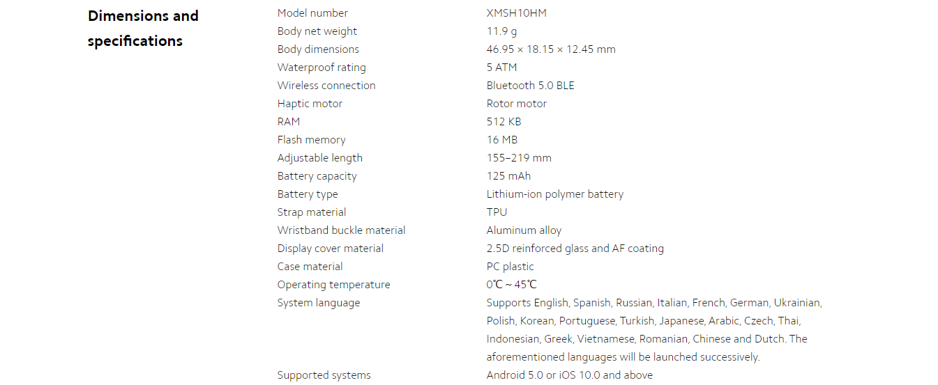 Specifications of the Mi Smart Band 5